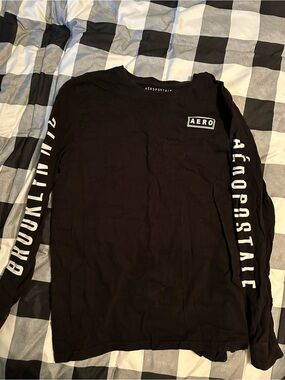 Aeropostale Men's Black Long Sleeve 'AERO' Graphic Tee with Sleeve Text